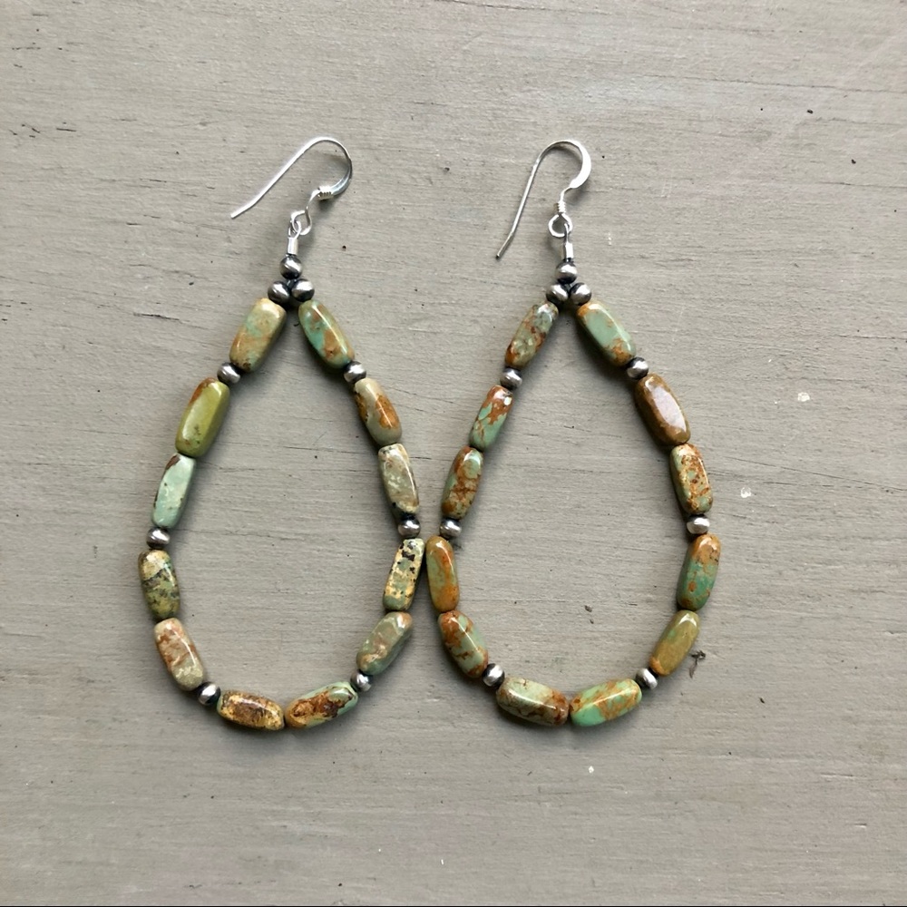 Earthy Long Green Kingman Beaded Loop Earrings